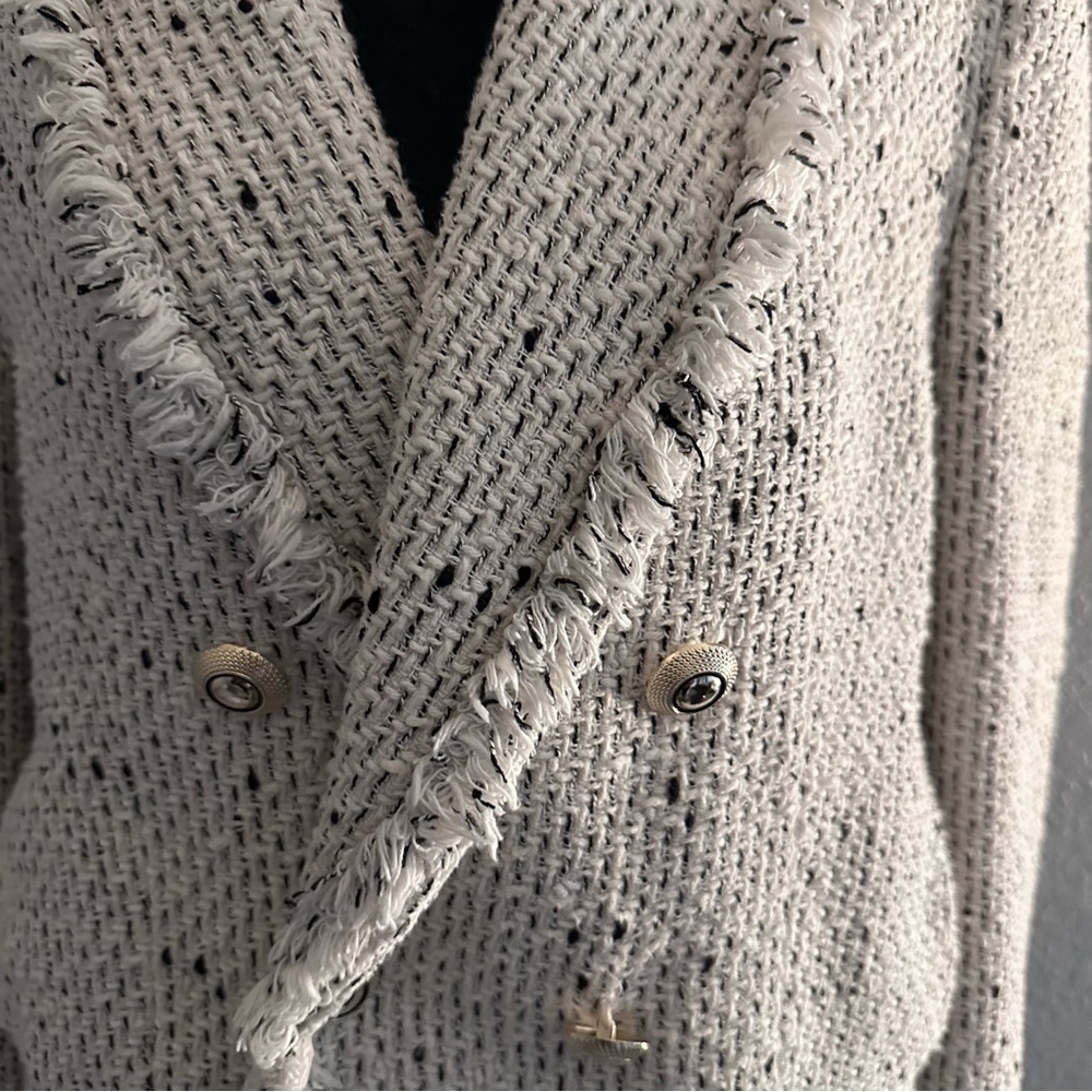 Zara Tweed Bouclé Cropped Blazer Jacket Frayed Trim Double Breasted L - Picture 2 of 11